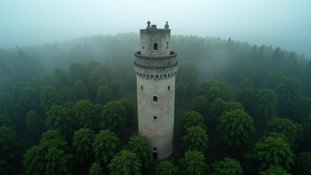 Viduslaiku torņu drupas no putna lidojuma, apskatīti no augšas ar mežu apkārt