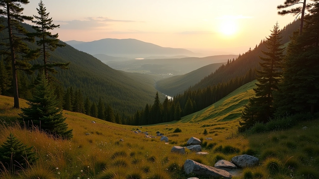 Skaista dabas panorāma ar meža skatu un kalna virsotni