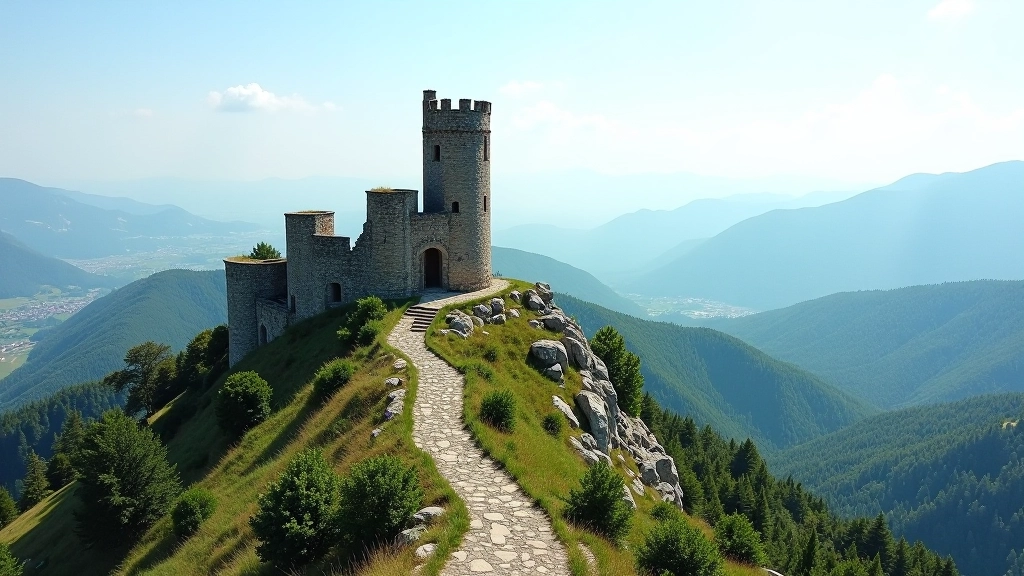 Dabas skats uz kalna virsotni ar viduslaiku torņa atliekām, skaista panorāma