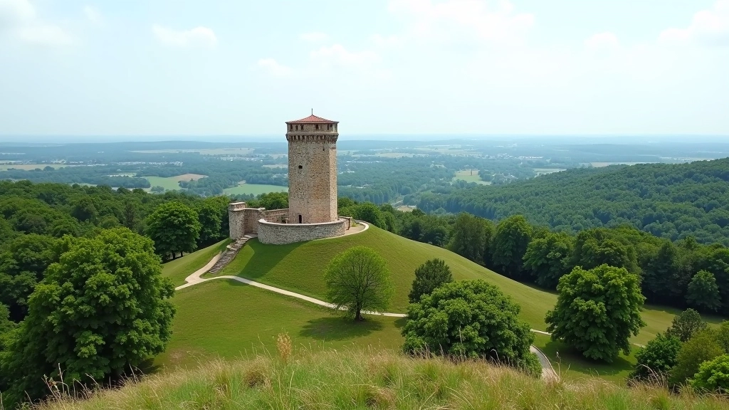 Panorāmā skats no kalna virsotnes uz meža ainavu, viduslaiku torņa atliekas priekšplānā, skaista vidusdienā